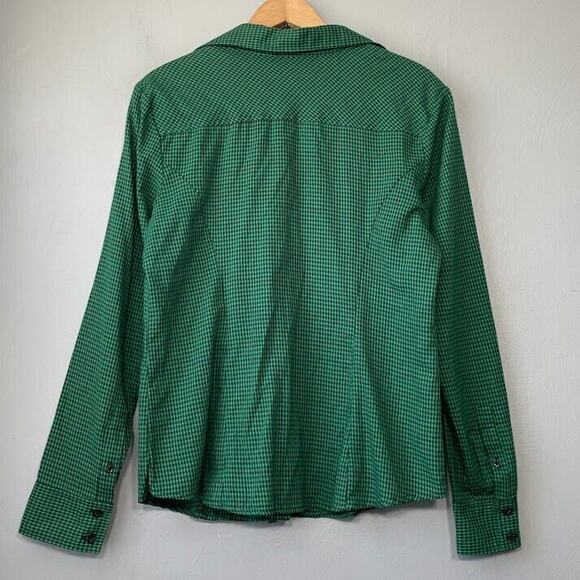 New York & Company Womens Size Medium Green Gingham Plaid Ruffled Shirt Twee - Picture 4 of 7